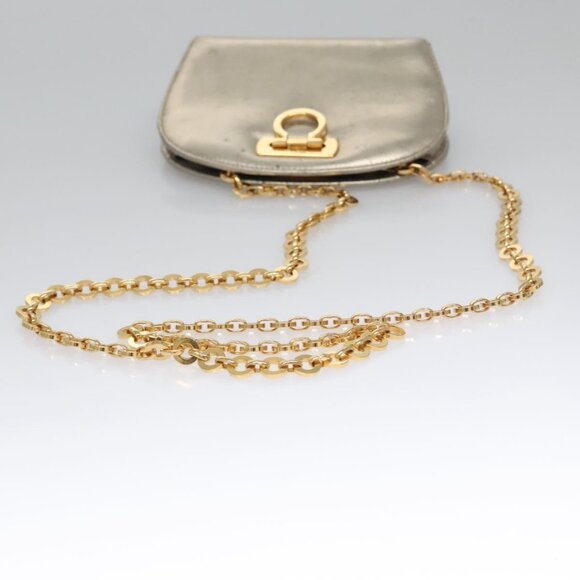Salvatore Ferragamo Gancini Chain Shoulder Bag Leather Silver Gold Auth BD416 - Picture 7 of 14